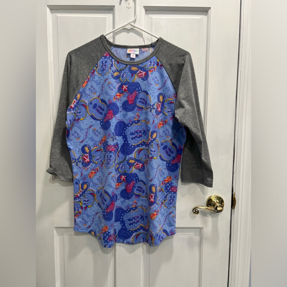 LULAROE Disney Randy 3/4 Sleeve Raglan Blue Gray Womens Top SIZE MEDIUM PreLoved
